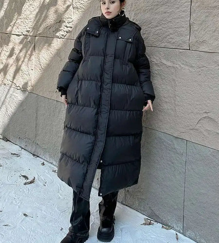 Black Thick Long Warm Big Size Hooded Cotton-padded Coat Long Sleeve Women Parkas Fashion New Autumn Winter 2025 1DH8321