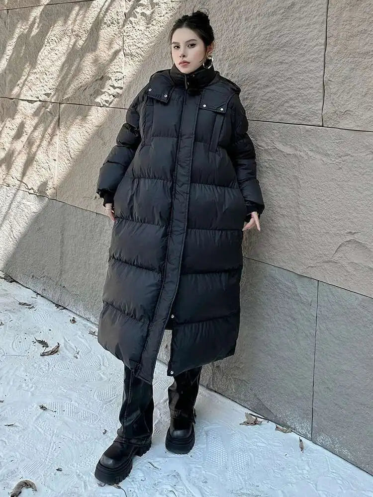 Black Thick Long Warm Big Size Hooded Cotton-padded Coat Long Sleeve Women Parkas Fashion New Autumn Winter 2025 1DH8321