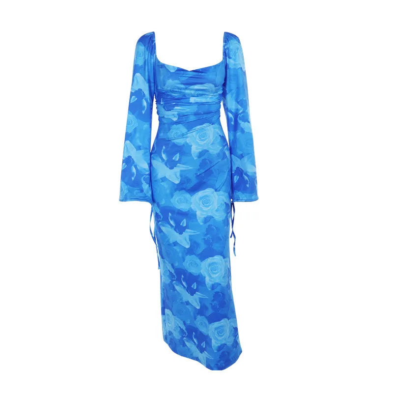 Blue Floral Print Sexy Maxi Dress For Women Gown Autumn New Square Collar Long Sleeve Lace-up Sexy Long Dress Elegant