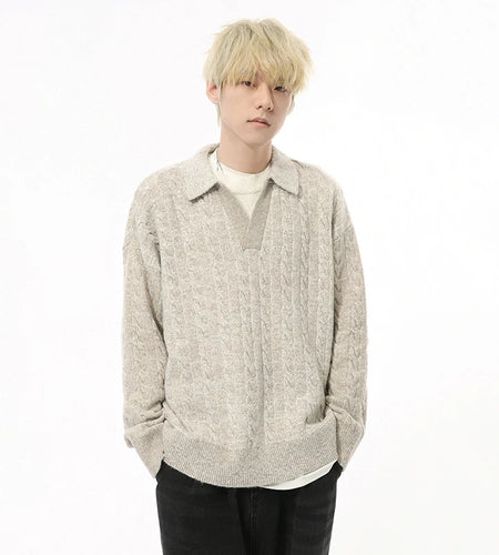 Korean Style Men's Knitting Sweaters Faker Two-piece Turn-down Collar Tops Contrast Color Loose Pullover Male Knits 9C8903