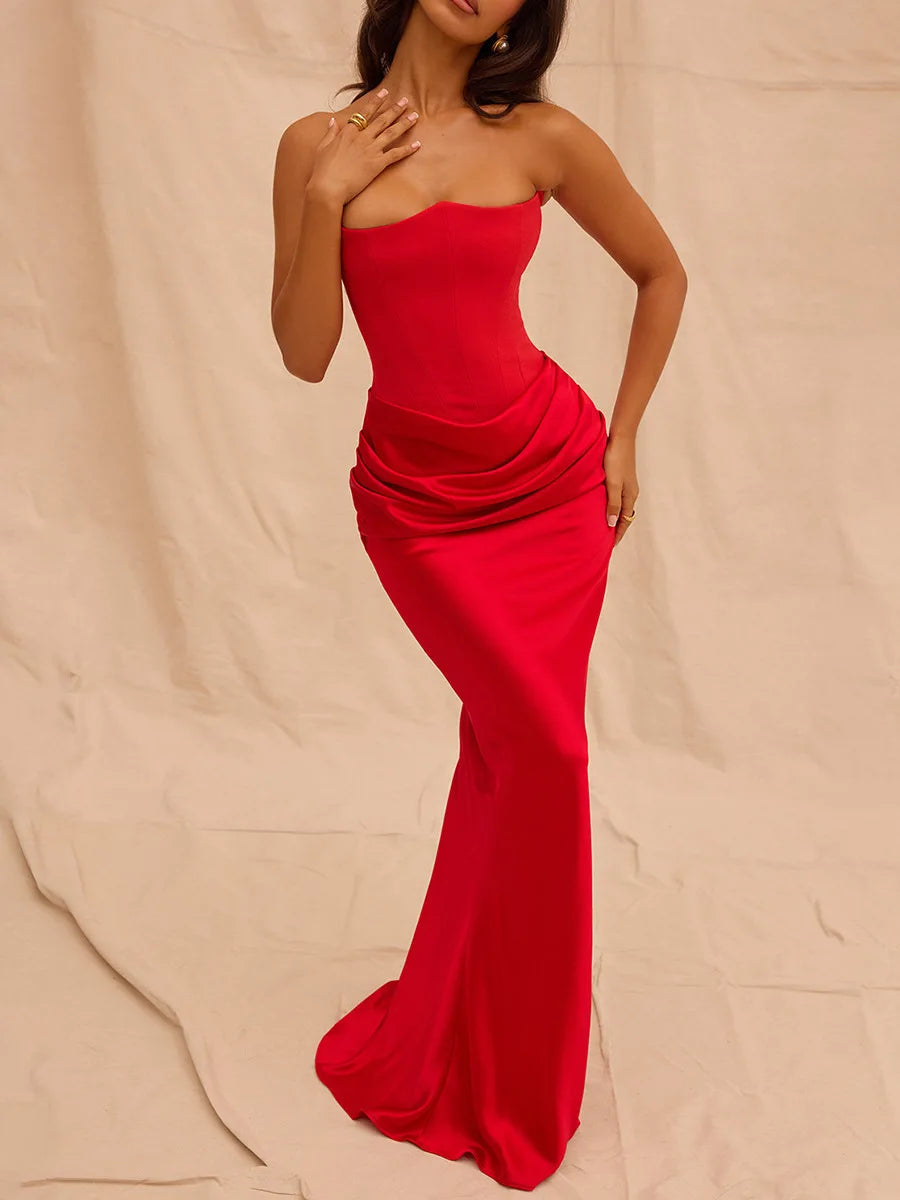 Elegant Strapless Satin PatchWork Bodycon Party Club Evening Dress Women Winter Sexy Backless Female Vestido 2025 New