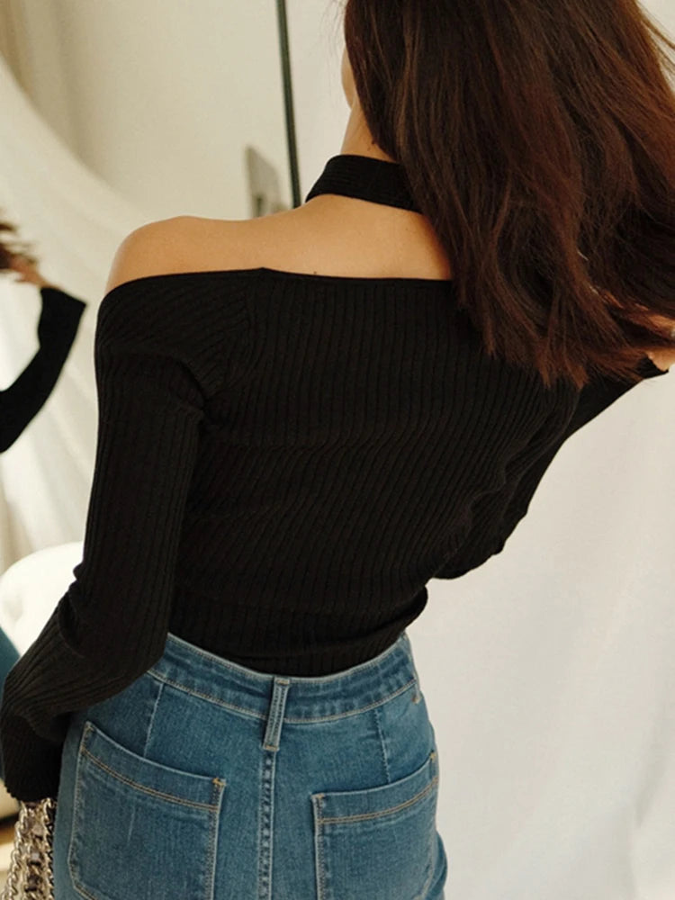 Cut Out Off Shoulder Skinny T Shirt For Women Halter Long Sleeve Solid Knitting Sexy Minimalist T Shirts Female Clothing