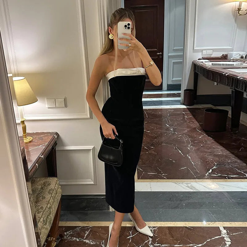 Off-shoulder Strapless Backless Sexy Maxi Dress For Women Patchwork Sleeveless High Waist Bodycon Split Long Dress