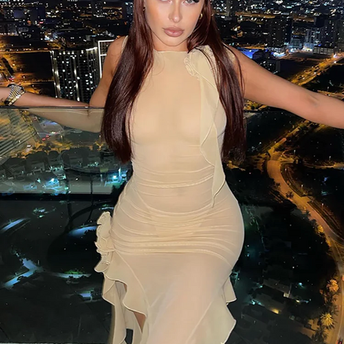 Load image into Gallery viewer, Tulle Flower Asymmetrical RUFFLES O-Neck Tank Mini Dress Women Mesh See Through Sexy Wrap Dress Elegant Slim Partywear
