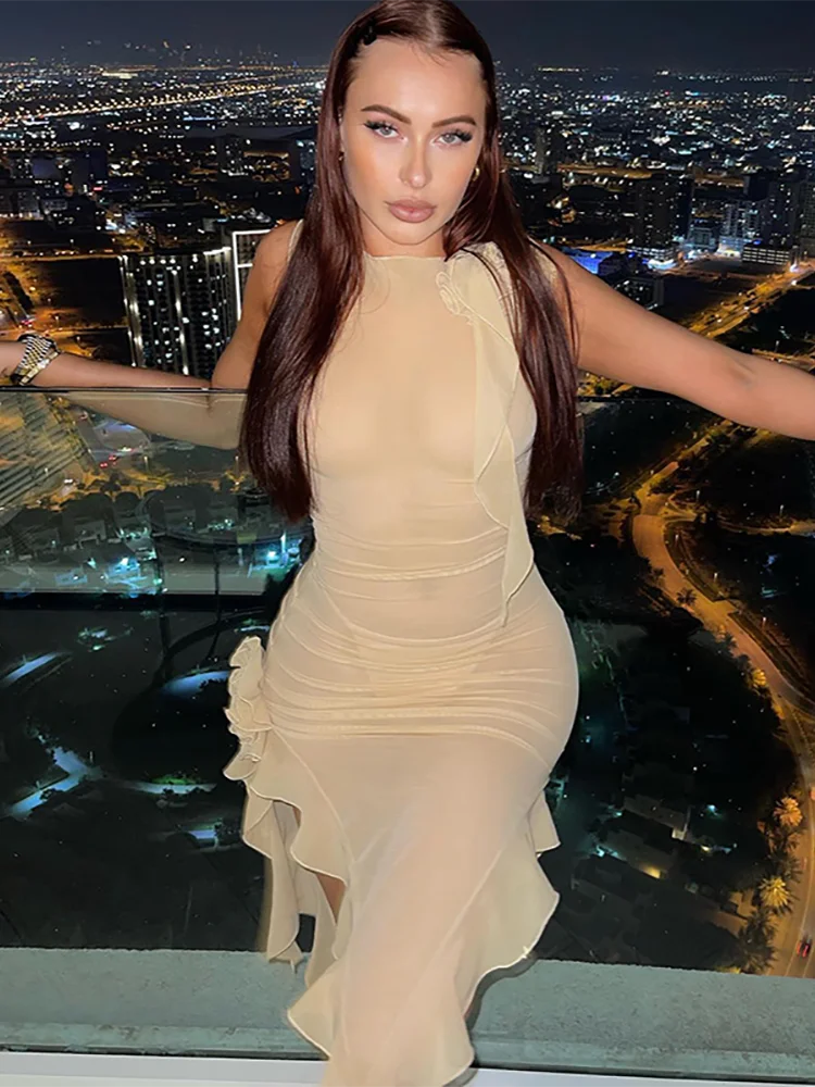 Tulle Flower Asymmetrical RUFFLES O-Neck Tank Mini Dress Women Mesh See Through Sexy Wrap Dress Elegant Slim Partywear