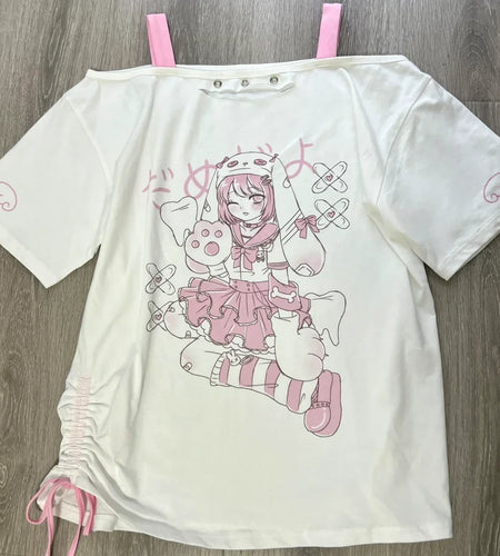 Ropa Mujer Japanese Woman Tshirts Fashion Summer Tees Y2k Tops Drawstring Anime Print T Shirt Off Shoulder White T-shirts