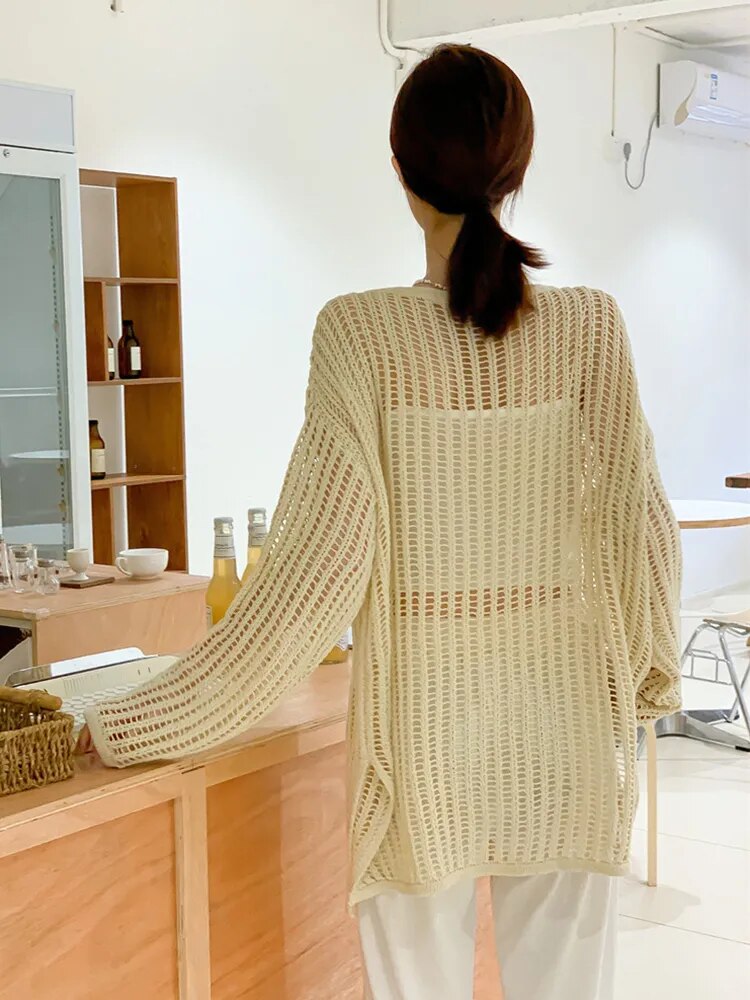 Hollow Out Sweater For Women Round Neck Long Sleeve Loose Solid Casual Pullover Vintage Sweaters Female Fashion