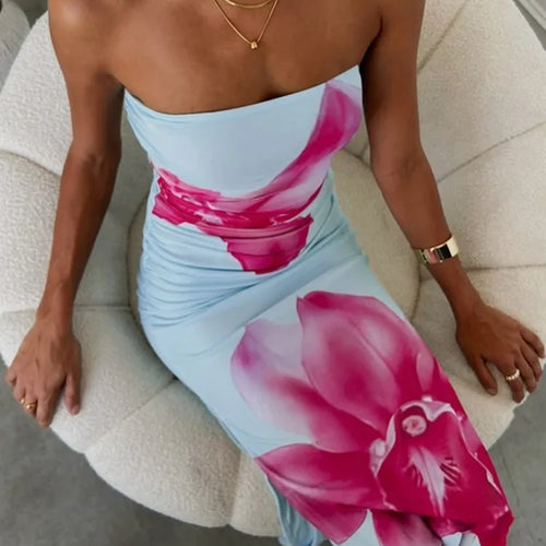 Load image into Gallery viewer, Off-shoulder Print Sexy Maxi Dress Women Gown Summer New Strapless Sleeveless Backless Bodycon Long Dress Elegant
