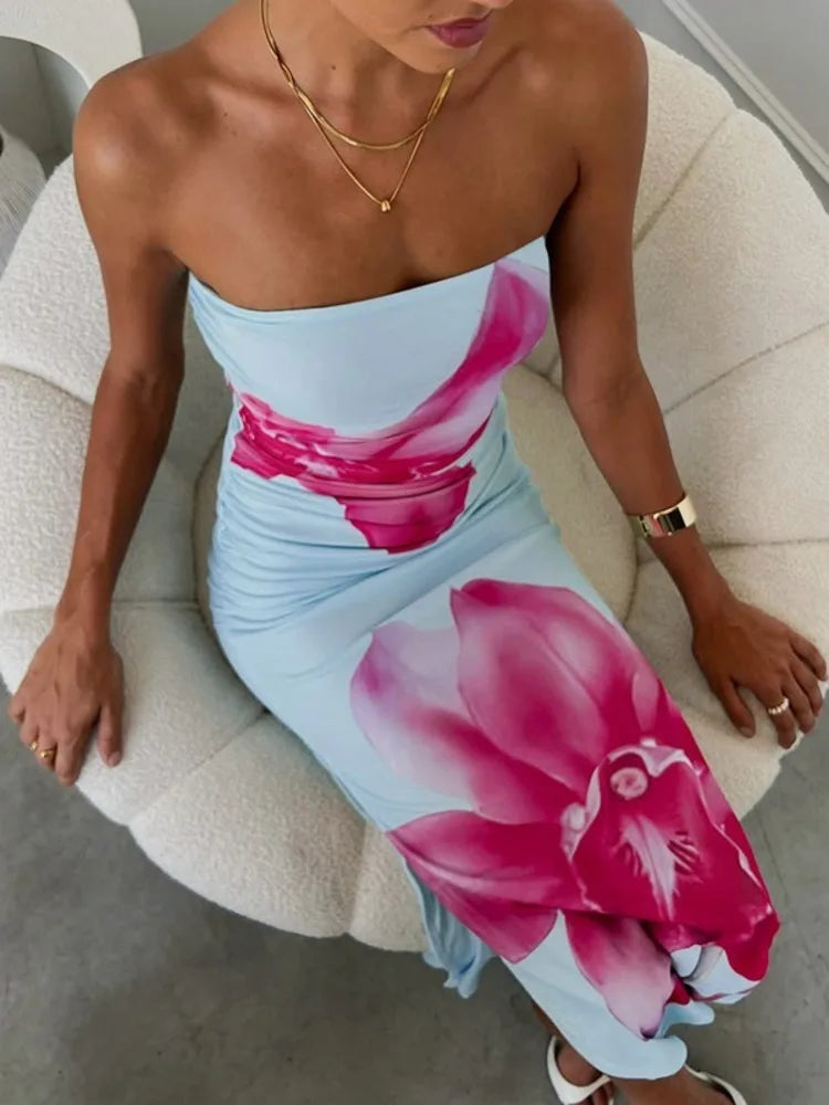 Off-shoulder Print Sexy Maxi Dress Women Gown Summer New Strapless Sleeveless Backless Bodycon Long Dress Elegant