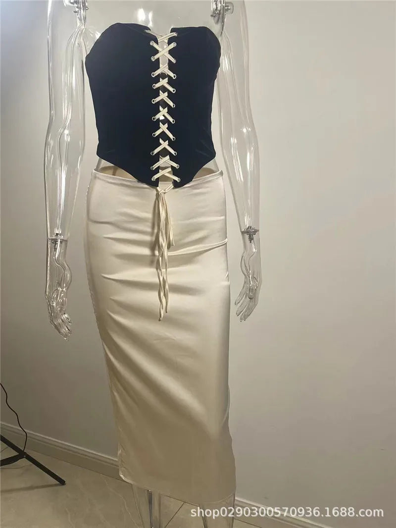 Elegant Sexy Skirt Two Piece Set Women Strapless Bandage Crop Top And Maxi Skirt Female Fashion Club Party Sexy Sets