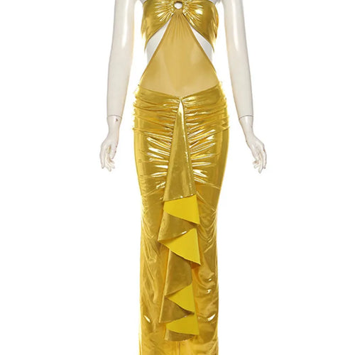 Load image into Gallery viewer, Sexy Sleeveless Hanging Collar Top Slim Split Long Skirt Two-piece Set For Women Spring 2025 New Pleated Shiny Skirt Set
