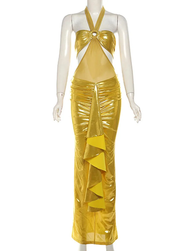 Sexy Sleeveless Hanging Collar Top Slim Split Long Skirt Two-piece Set For Women Spring 2025 New Pleated Shiny Skirt Set