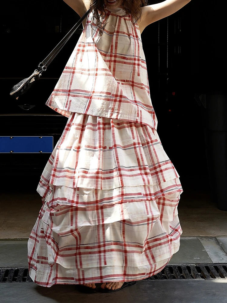 High Elastic Waist Blue Plaid Pleated Casual Long Bud Half-body Skirt Women Fashion Tide New Spring Autumn 2025 1DJ1114