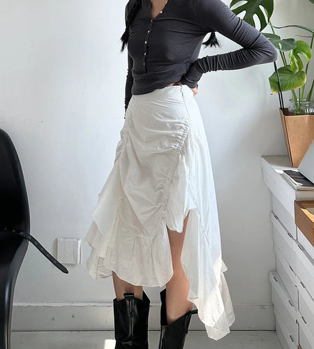 High Waist White Pleated Ruffles Irregular Slit Elegant Half-body Skirt Women Fashion Tide New Spring Autumn 2025 1DJ0094