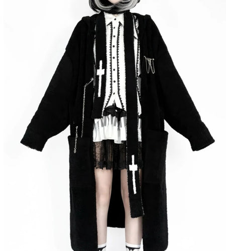 Gothic Punk Cashmere Knitted Long Cardigans Knee Length Loose Hooded Sweater Coat Korean Ins Causal Elegant Vintage Cardigan Y2k