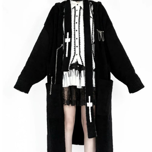 Load image into Gallery viewer, Gothic Punk Cashmere Knitted Long Cardigans Knee Length Loose Hooded Sweater Coat Korean Ins Causal Elegant Vintage Cardigan Y2k
