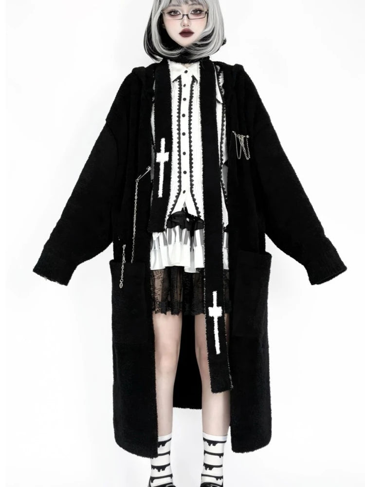 Gothic Punk Cashmere Knitted Long Cardigans Knee Length Loose Hooded Sweater Coat Korean Ins Causal Elegant Vintage Cardigan Y2k