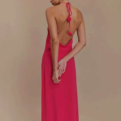 Load image into Gallery viewer, Rose Halter Off-shoulder Sexy Maxi Dress Women Rose Red Sleeveless Backless Lace-up High Waist Club Party Long Dress
