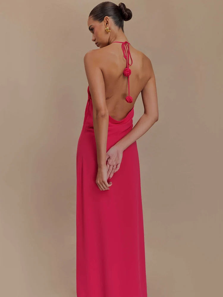 Rose Halter Off-shoulder Sexy Maxi Dress Women Rose Red Sleeveless Backless Lace-up High Waist Club Party Long Dress