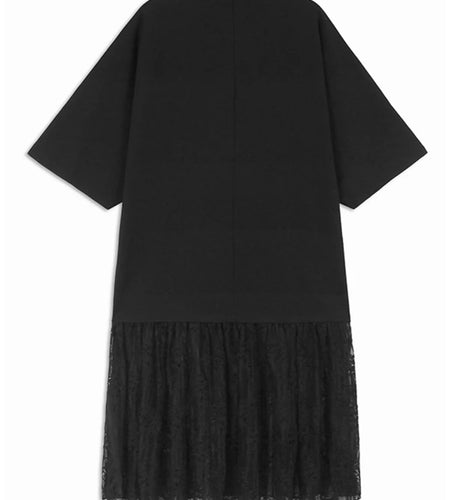 Women Black Three-dimensional Flower Lace Big Size Dress New Turtleneck Short Sleeve Fashion Spring Autumn 2025 1DH8218