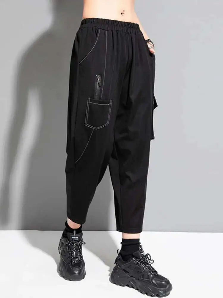 High Elastic Waist Black Color-block Long Harem Pants New Loose Fit Trousers Women Fashion Tide Spring Summer 2025 1DF8821