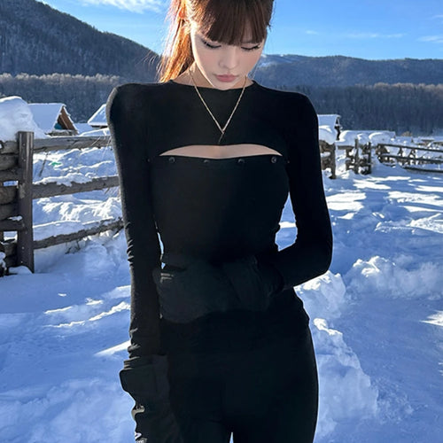 Load image into Gallery viewer, Y2k Aesthetic Fashion Long Sleeve Crop Top Slim All Match Vintage Sexy Women T-Shirts Hollow Out Simple Solid Button Tees Femme
