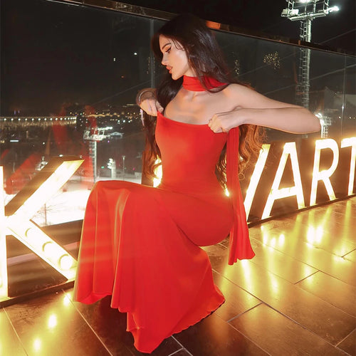 Load image into Gallery viewer, Elegant 2 Pieces Dress Set with Scarf Women Fashion Matching Sets Sexy Cropped Top and Long Dress Set Casual Dress
