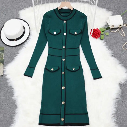 Load image into Gallery viewer, French Women Autumn Winter Patchwork Single Breasted Office Lady Sweater Dress Fashion Round Neck Festival Slim Knitting Dresses

