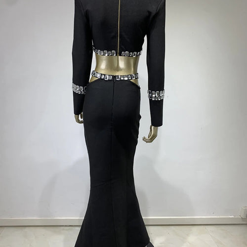 Load image into Gallery viewer, Patchwork Diamonds Two Piece Set For Women Stand Collar Long Sleeve Top High Waist Mermaid Skirt Hollow Out Sexy Sets Female

