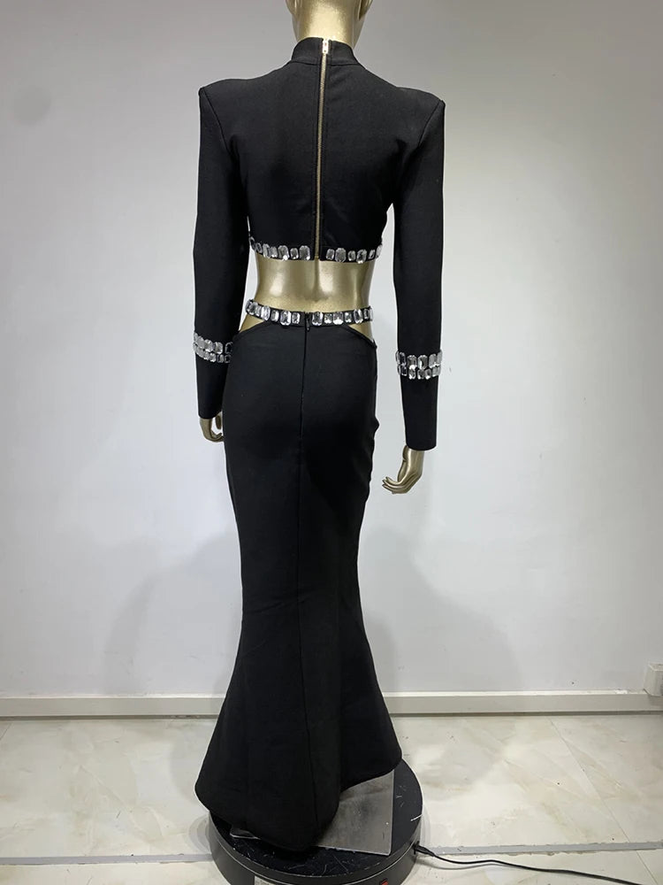 Patchwork Diamonds Two Piece Set For Women Stand Collar Long Sleeve Top High Waist Mermaid Skirt Hollow Out Sexy Sets Female