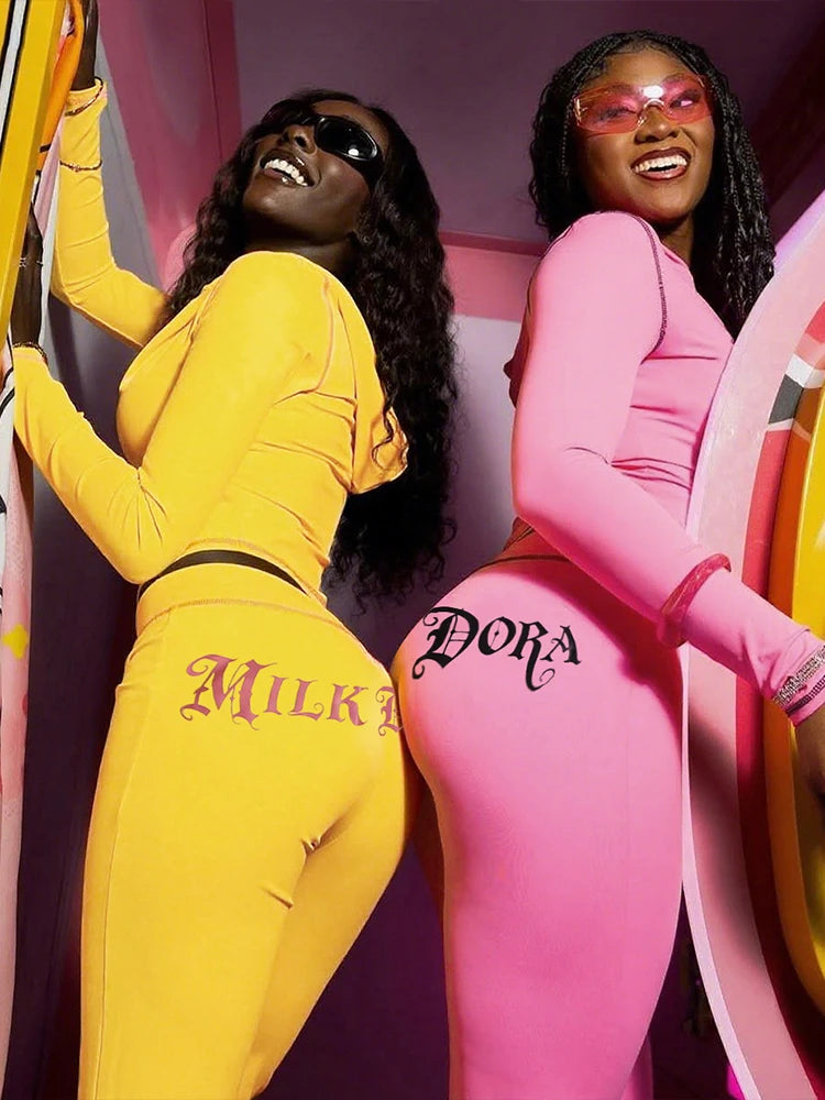 Casual Letter Print Women 2 Piece Set Tracksuit Sporty Full Sleeve Crop Jacket+Pants Matching Streetwear Skinny Outfits