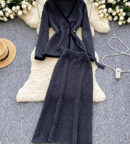Korean Fashion Two-piece Set Women's Autumn Winter Gray Elegant Round Collar Knitted Top And High Waist Wrap Hip Long Skirt Suit