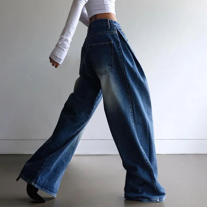 Streetwear Basic Folds Denim Trousers Jeans Washed Distressed Casual Wide Leg Pants Women Harajuku Oversized Outfits