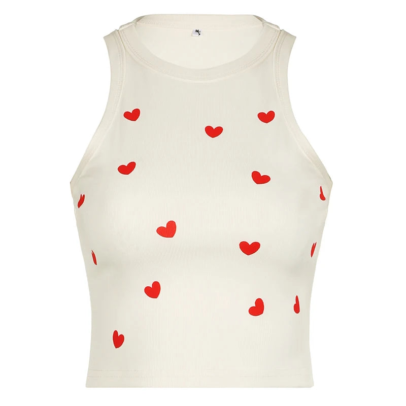 Casual Sweet Heart Print White Vest Short Tops Female Harajuku Korean Skinny Summer Tank Top Sleeveless Tee Outfits