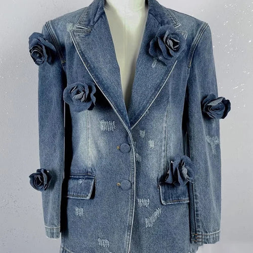 Load image into Gallery viewer, Solid Patchwork Appliques Casual Denim Coat For Women Notched Collar Long Sleeve Spliced Button Minimalist Jacket Female
