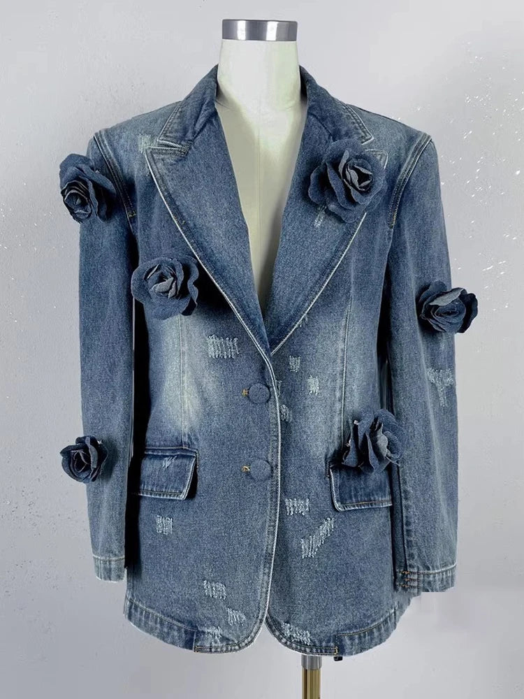 Solid Patchwork Appliques Casual Denim Coat For Women Notched Collar Long Sleeve Spliced Button Minimalist Jacket Female