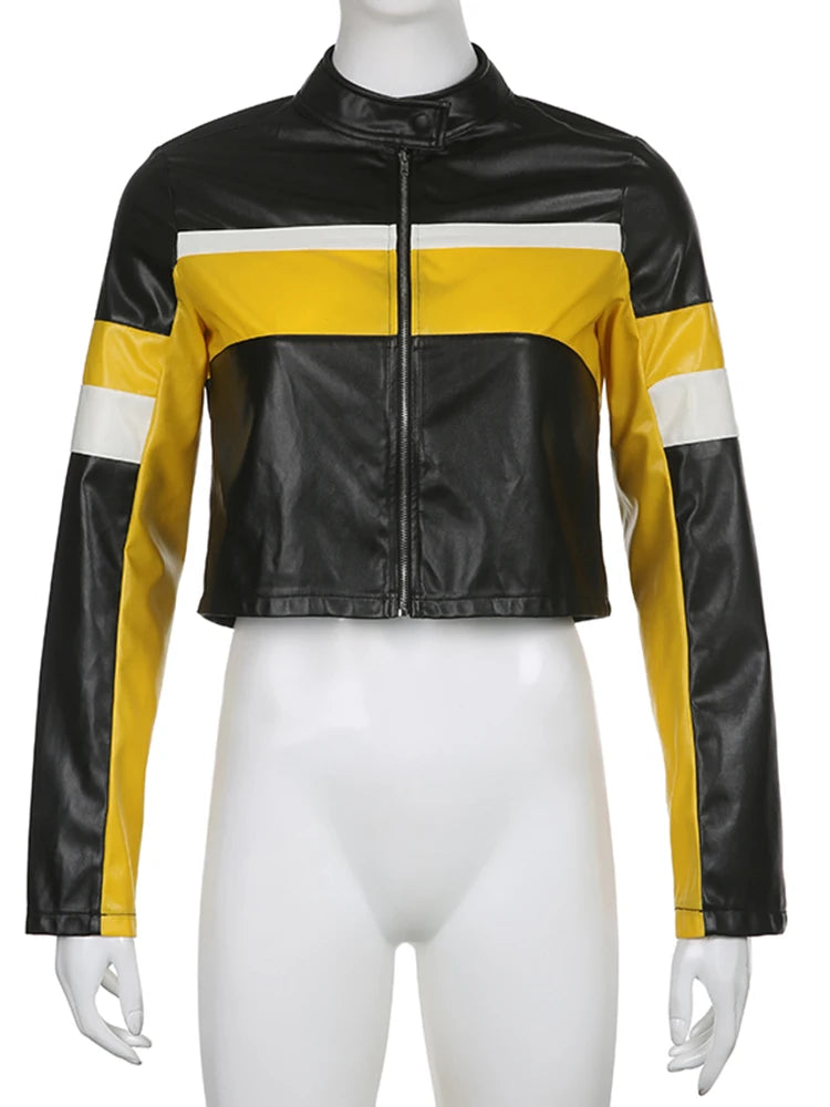 Streetwear Stripe Patchwork Moto Style PU Leather Jacket Female Winter Coat Zip Up Outwear Biker Racing Jackets Chic