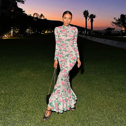 Load image into Gallery viewer, Bodycon Long Sleeve Half High Collar Print Zipper Elegant Maxi Dress Women Slim High Waist Sexy Dress Ladies Outfits
