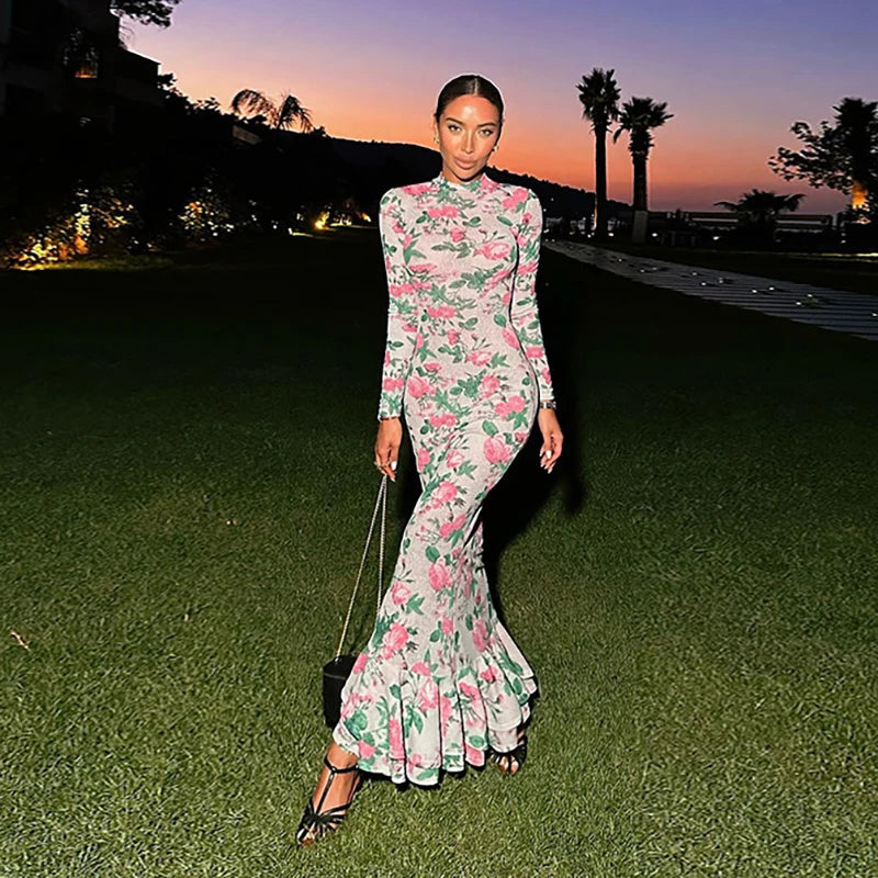 Bodycon Long Sleeve Half High Collar Print Zipper Elegant Maxi Dress Women Slim High Waist Sexy Dress Ladies Outfits