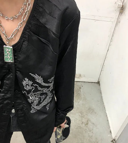 Harajuku Dragon Embroidery V-neck Blouses 2025 New Women Men Shirt Chinese Style Silk  Long Sleeve Tang Costume Blusas Tops
