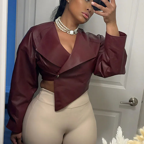 Load image into Gallery viewer, Classic Hipster Crop Jacket Women Irregular Single Buckle Button Faux Leather Autumn Wild Sexy Basic Cross Neck Coat
