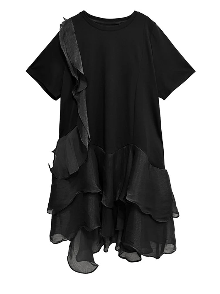 Women Black Ruffles Irregular Big Size Mini Dress New Round Neck Short Sleeve Fashion Tide Spring Summer 2025 1DJ1365