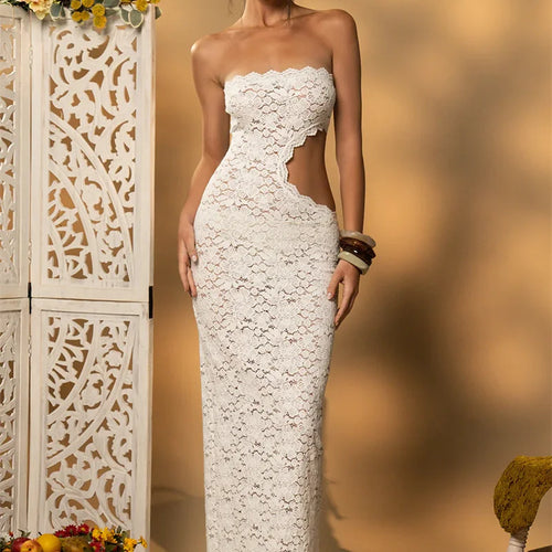 Load image into Gallery viewer, Off-shoulder Backless Sexy Maxi Dress Women Lace Strapless Sleeveless Hollow Out Skinny Club Party Long Dress Elegant
