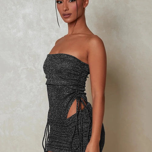 Load image into Gallery viewer, Glitter Sexy Dress Set Women Strapless Bodysuit And Mini Skirt Matching Sets Ladies Party Drawstring Two Piece Sets
