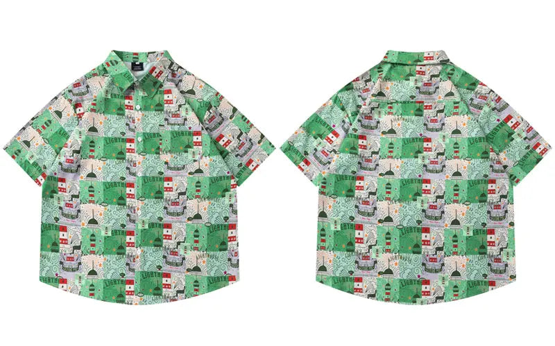 Men Harajuku Hawaiian Shirt Streetwear Graphic Printed Button Up Beach Summer Blouse Hip Hop Casual Baggy Short Sleeve Shirts