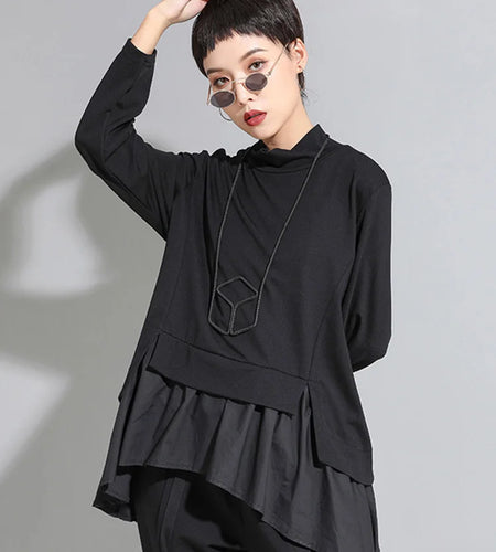 Loose Fit Asymmetrical Ruffles Sweatshirt New High Collar Long Sleeve Women Big Size Fashion Tide Spring Autumn 2025 1A529