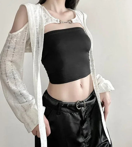 2025 Long Sleeve Hooded T-shirts Off Shoulder Sexy Harajuku Tshirts Women Y2k Aesthetic Grunge Streetwear Crop Top Thin Cardigan