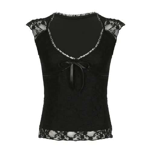 Load image into Gallery viewer, Vintage Black Frills Summer Lace T shirt Female Bow Tie-Up Slim Y2K Aesthetic 2000s Top Tee Chic Party Sexy Outfits
