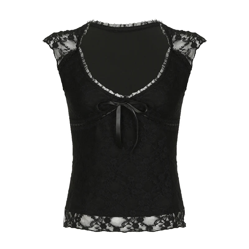 Vintage Black Frills Summer Lace T shirt Female Bow Tie-Up Slim Y2K Aesthetic 2000s Top Tee Chic Party Sexy Outfits