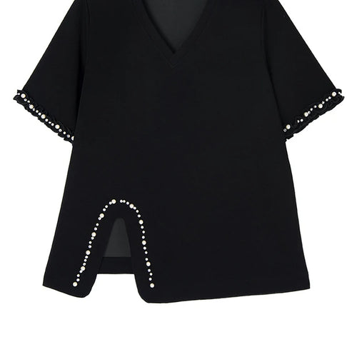 Load image into Gallery viewer, Black Pearled T-shirt Mini Skirt Two Pieces Suit New Round Neck Short Sleeve Women Fashion Spring Summer 2025 1DJ1124
